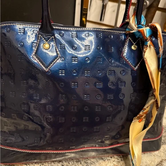 ARCADIA Italy Navy Oceano Patent Leather Dome Satchel Bag - Picture 2 of 9
